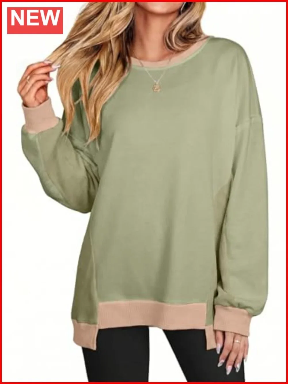 Crew Neck Waffle Knit Color Block Oversized Long Sleeve Sweatshirt